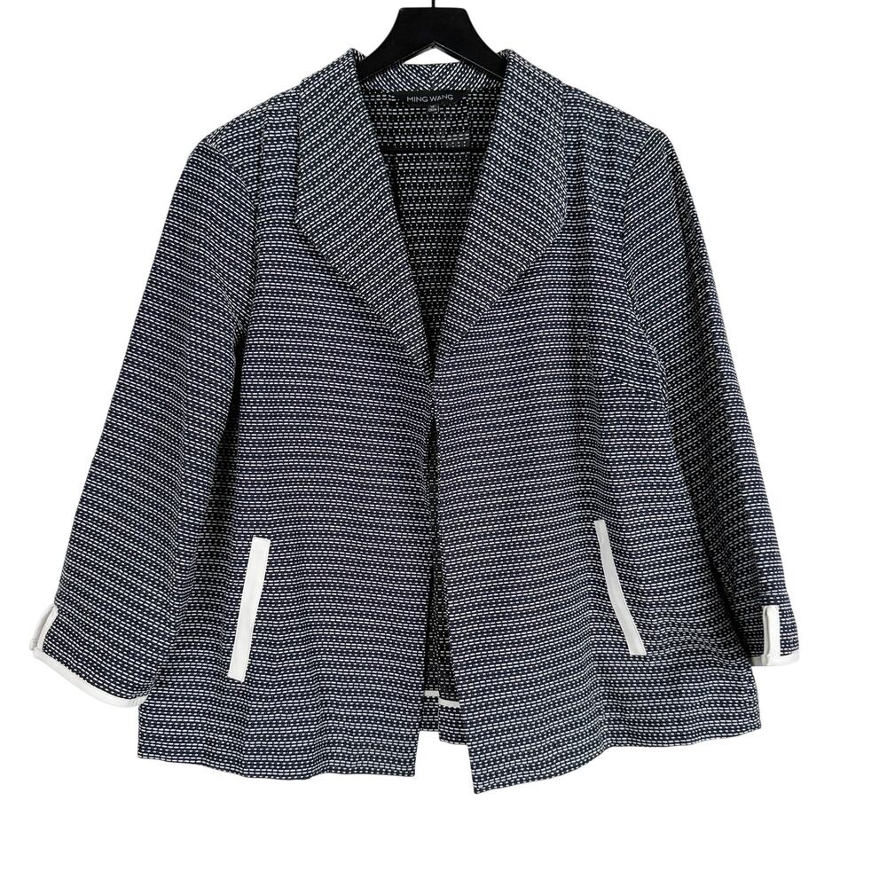 MING WANG Black White Textured Open Front Blazer Jacket - XL
